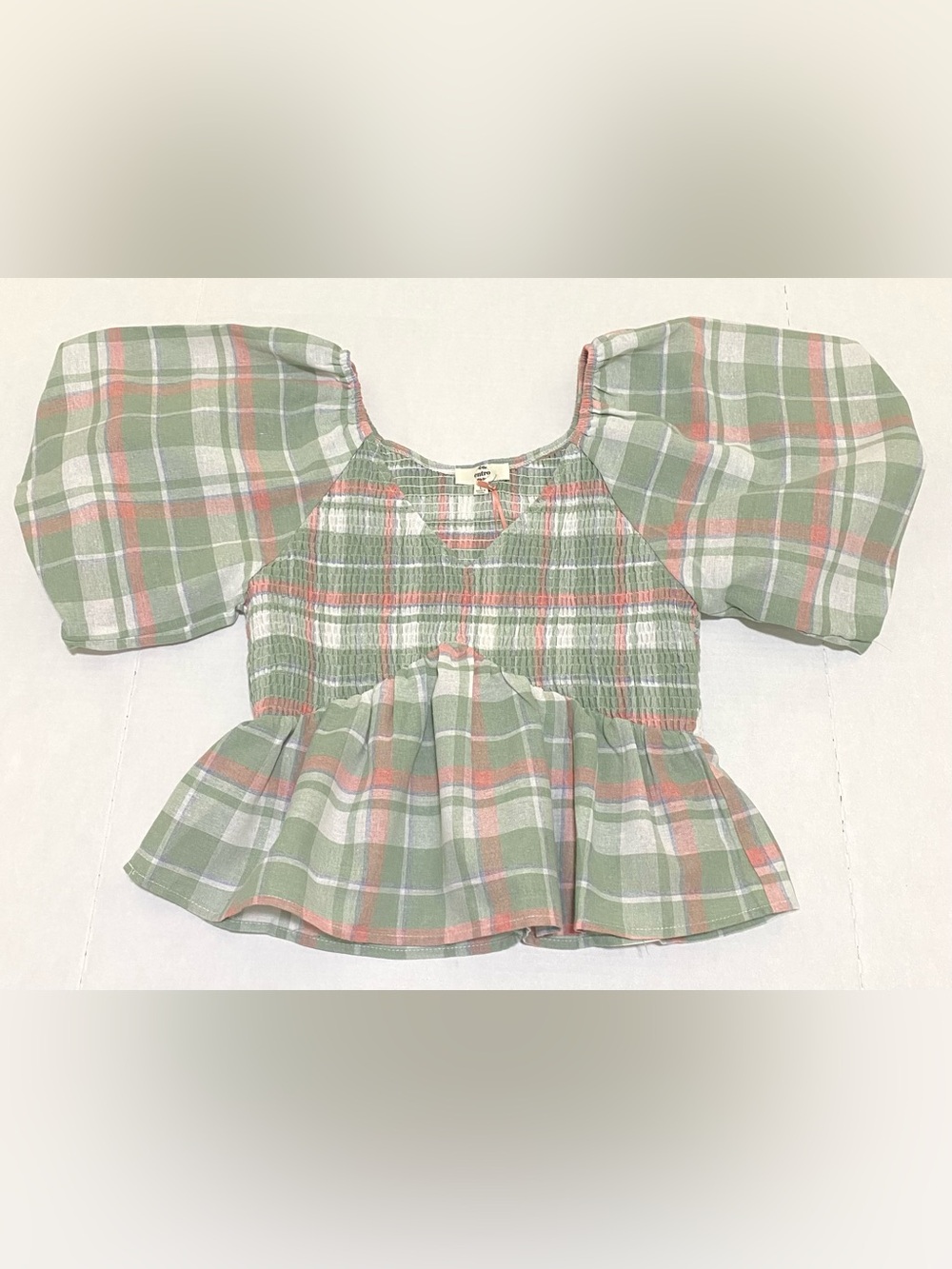 Entro Womens L Green Plaid Puff Sleeve Peplum Top Summer Preppy Fairy Feminine - Picture 4 of 15